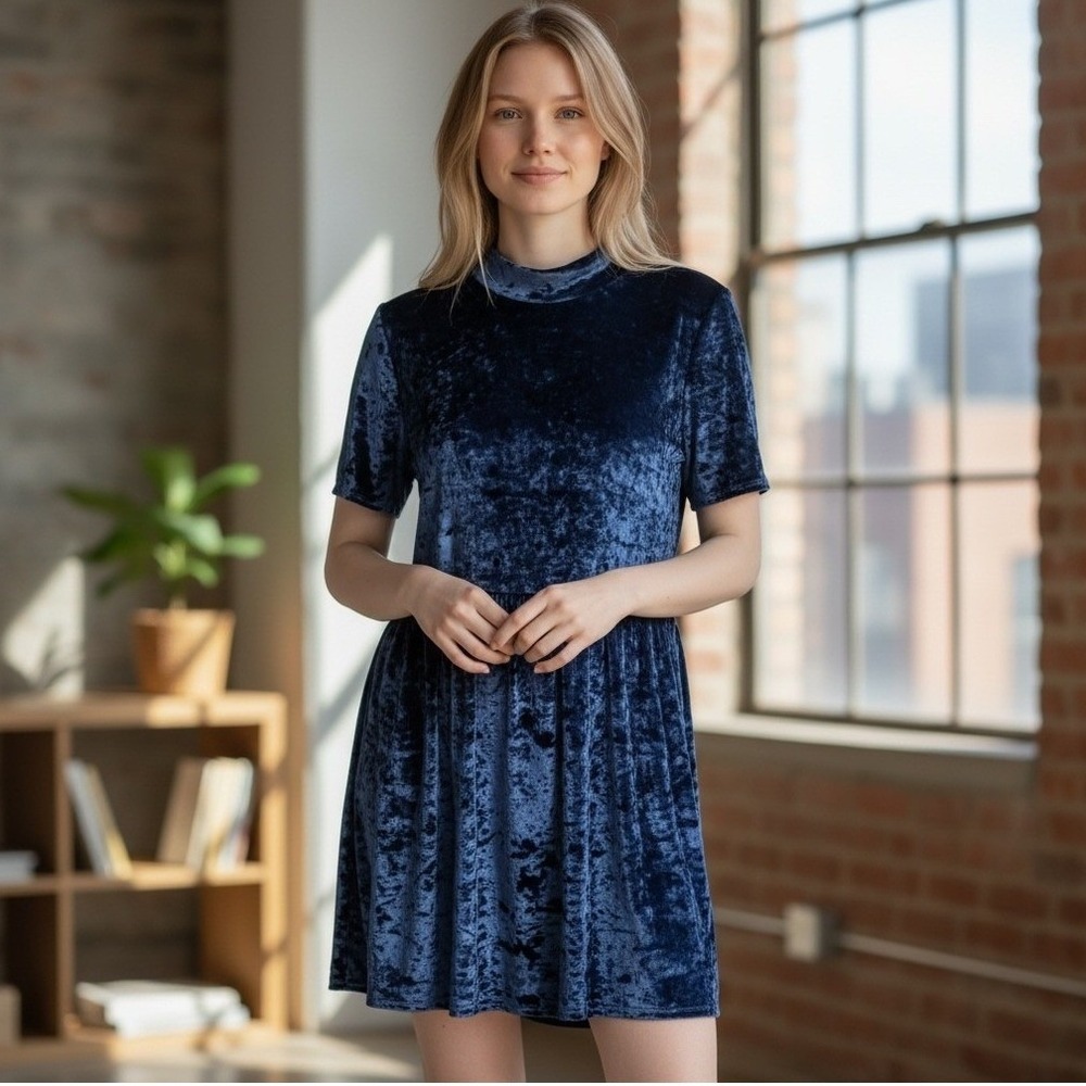 Entro Mini Dress Navy Blue Crushed Velvet Mock Neck Empire Waist Indie Retro M